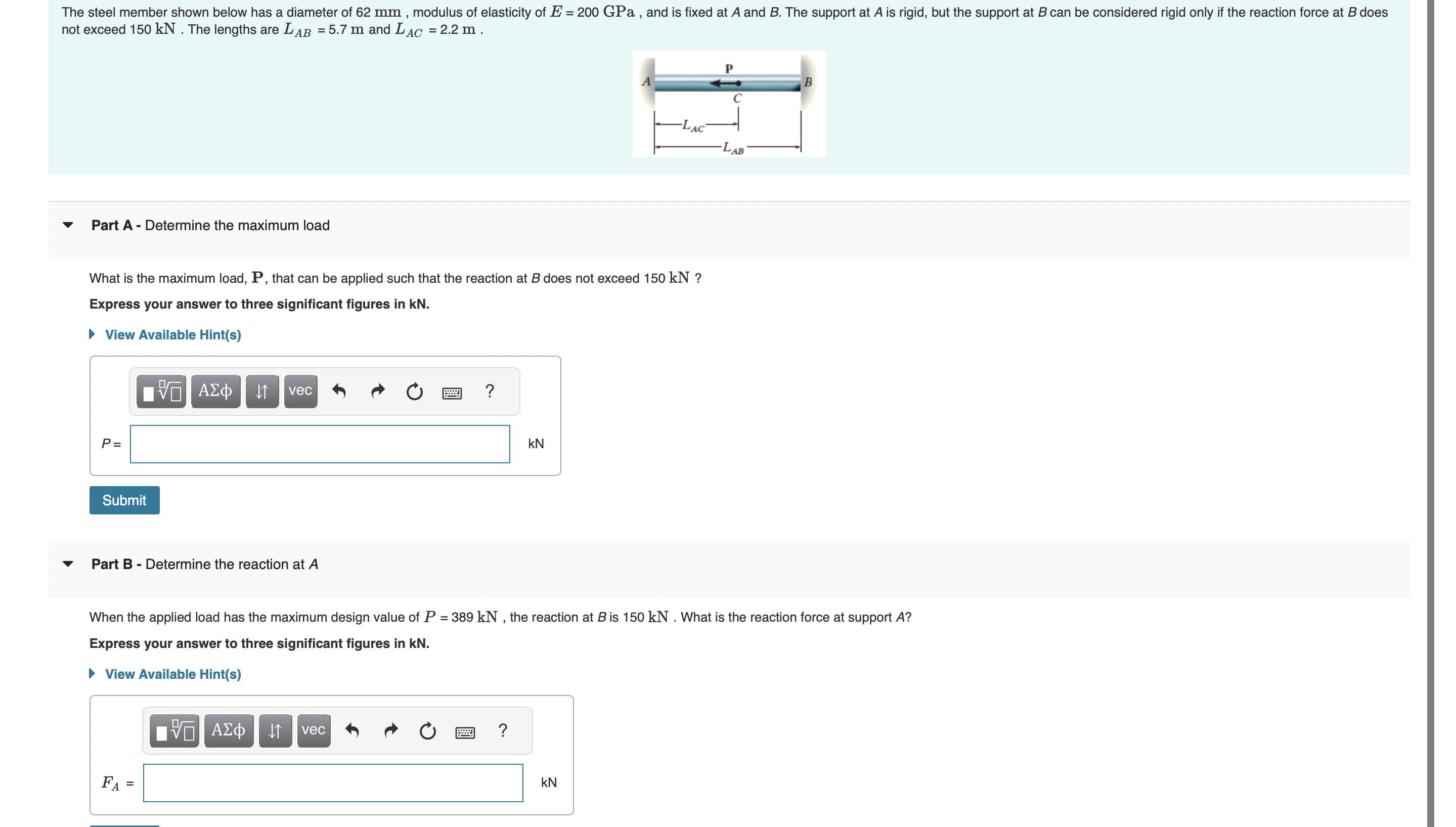 not exceed 1 5 0 kN . The lengths are L A B = 5 .