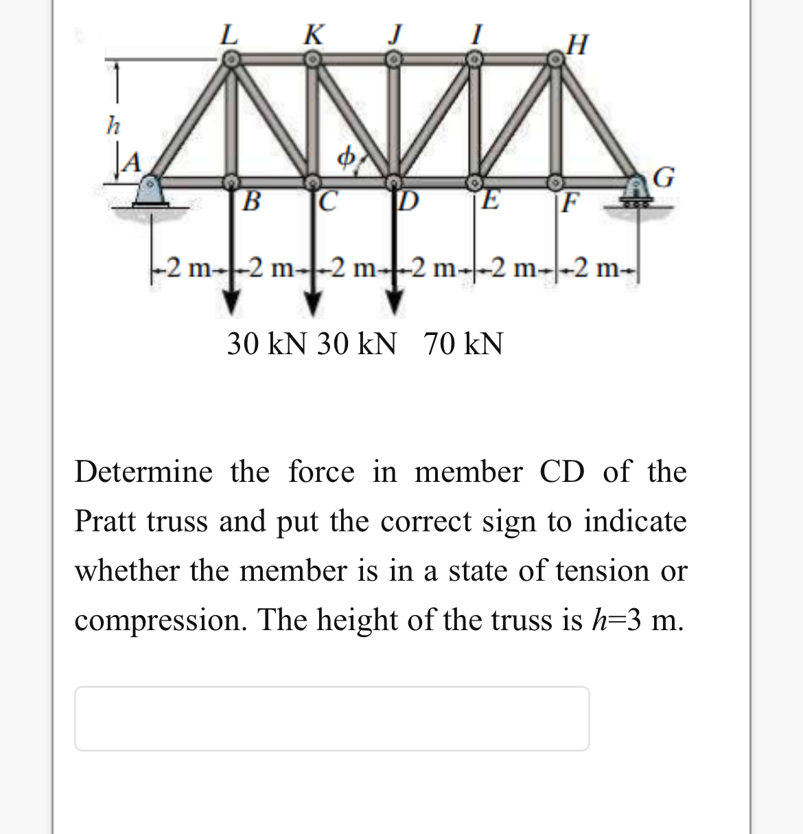 Determine the force in member C D of the Pratt