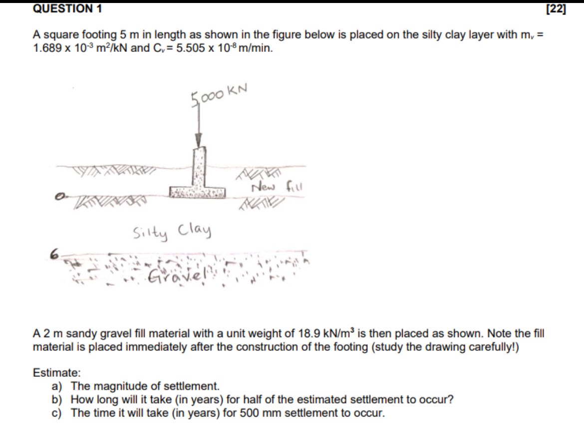 QUESTION 1 [ 2 2 ] A square footing 5 m in length