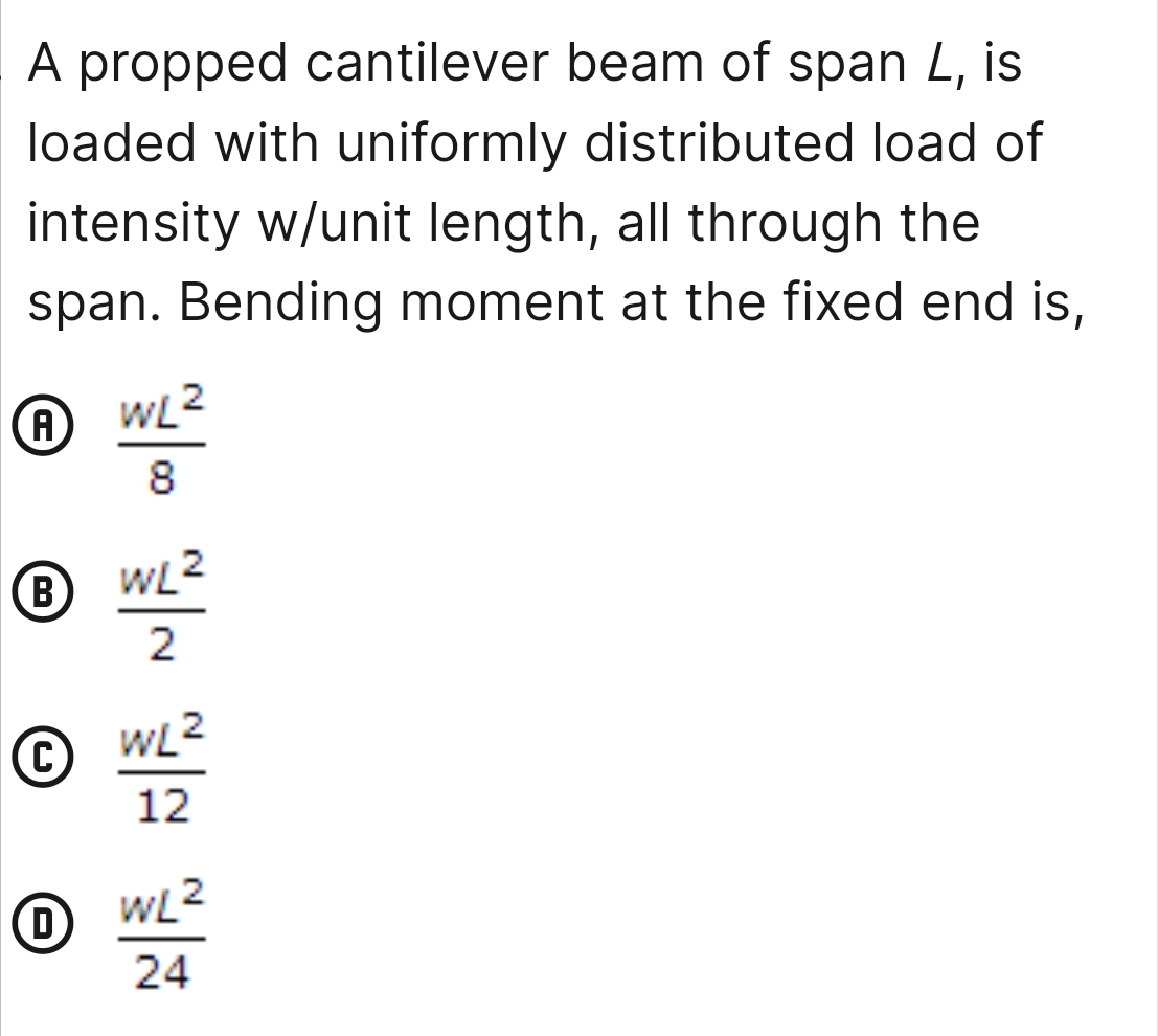 A propped cantilever beam of span L , is loaded