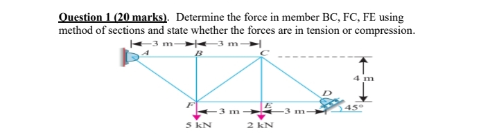 Question 1 ( 2 0 marks ) . Determine the force in