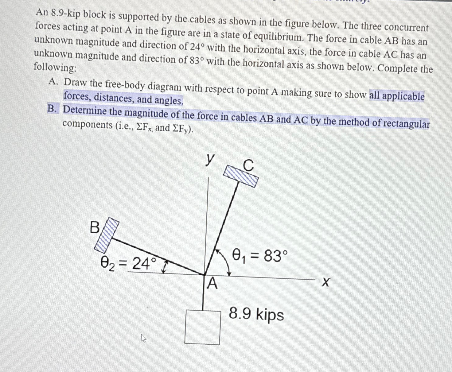 An 8 . 9 - kip block is supported by the cables