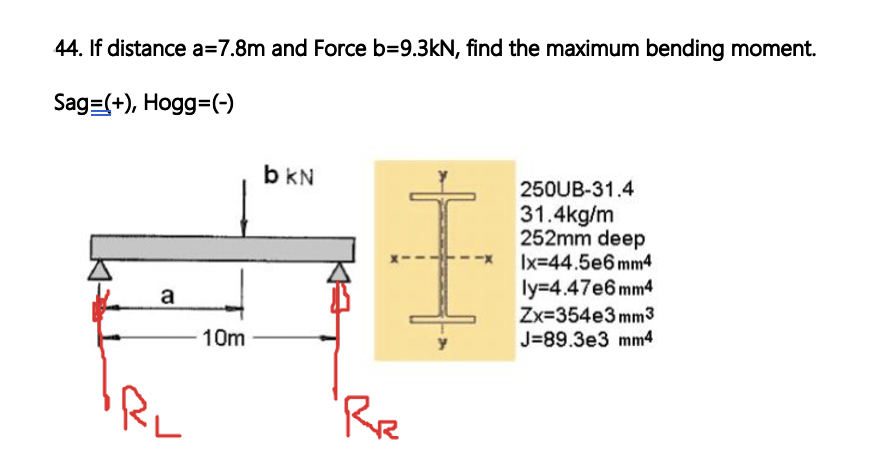 If distance a = 7 . 8 m and Force b = 9 . 3 k N ,