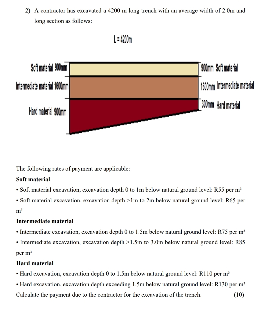 A contractor has excavated a 4 2 0 0 m long
