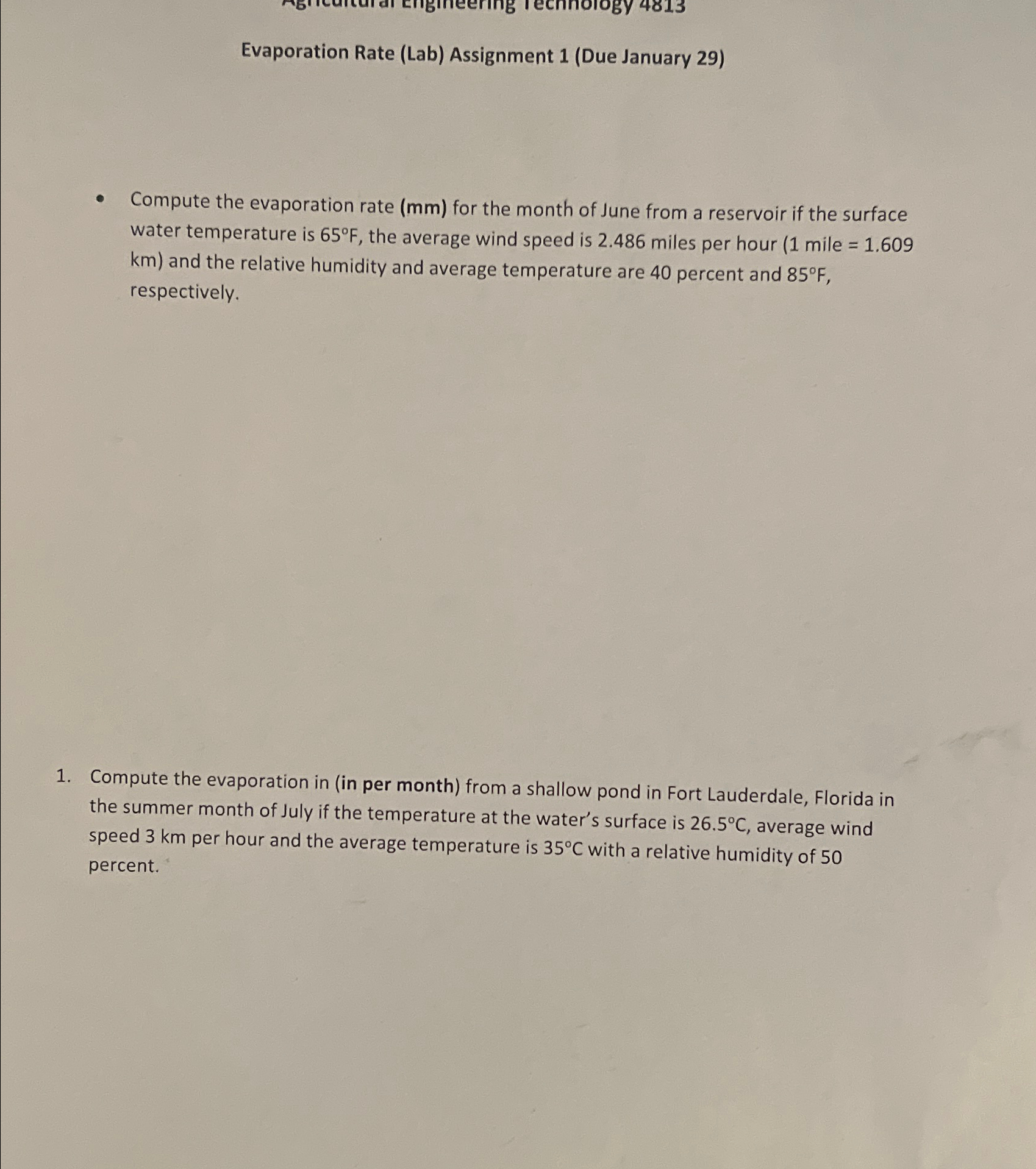 Evaporation Rate ( Lab ) Assignment 1 ( Due