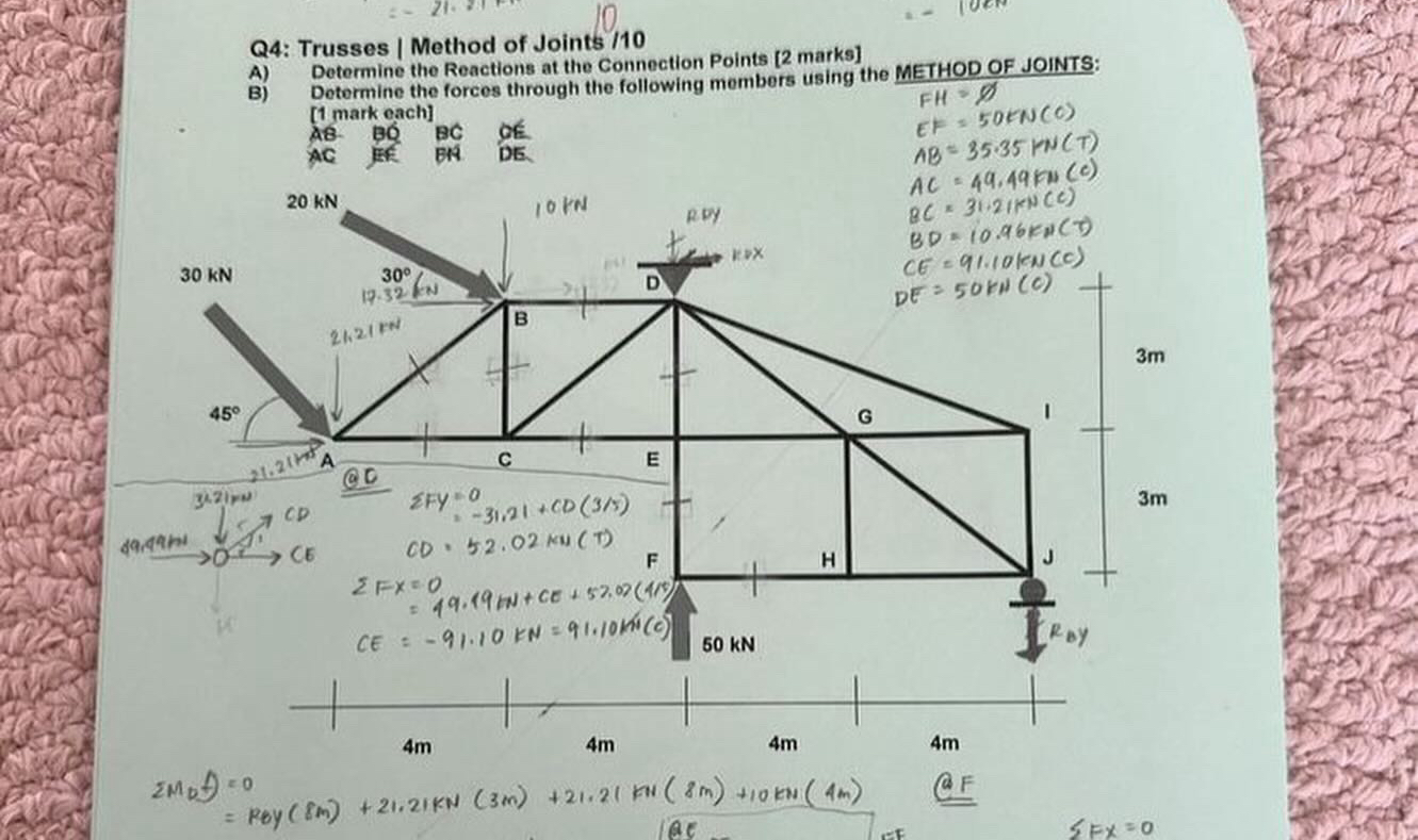 Q 4 : Trusses | Method of Joints / 1 0 A )