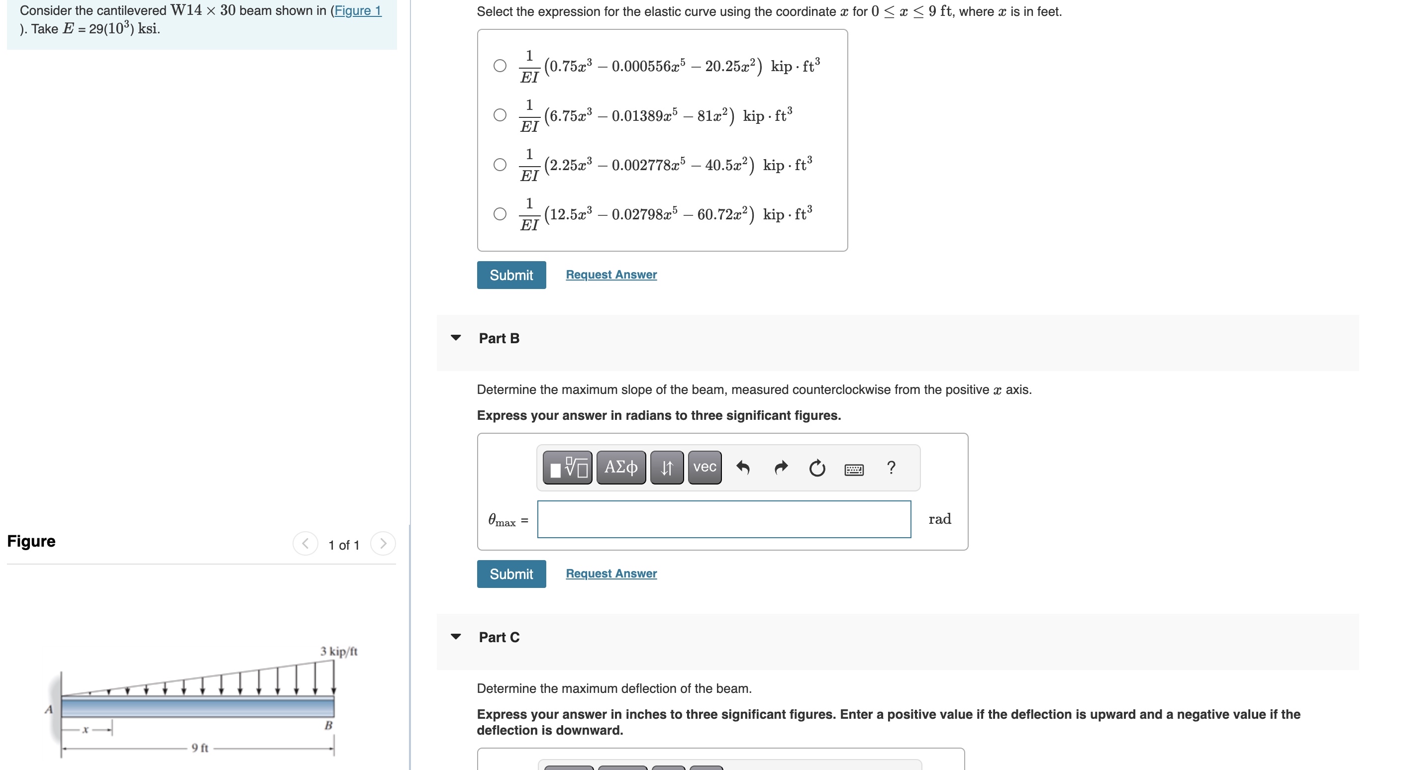 Consider the cantilevered W 1 4 3 0 beam shown in