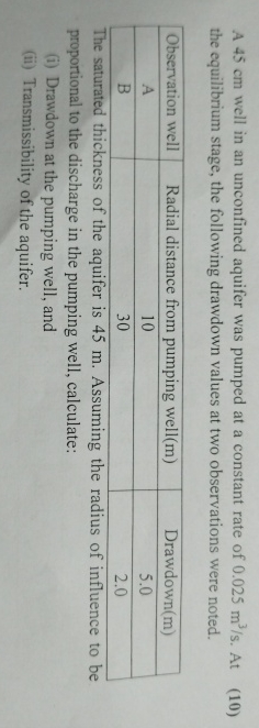 A 4 5 c m well in an unconfined aquifer was