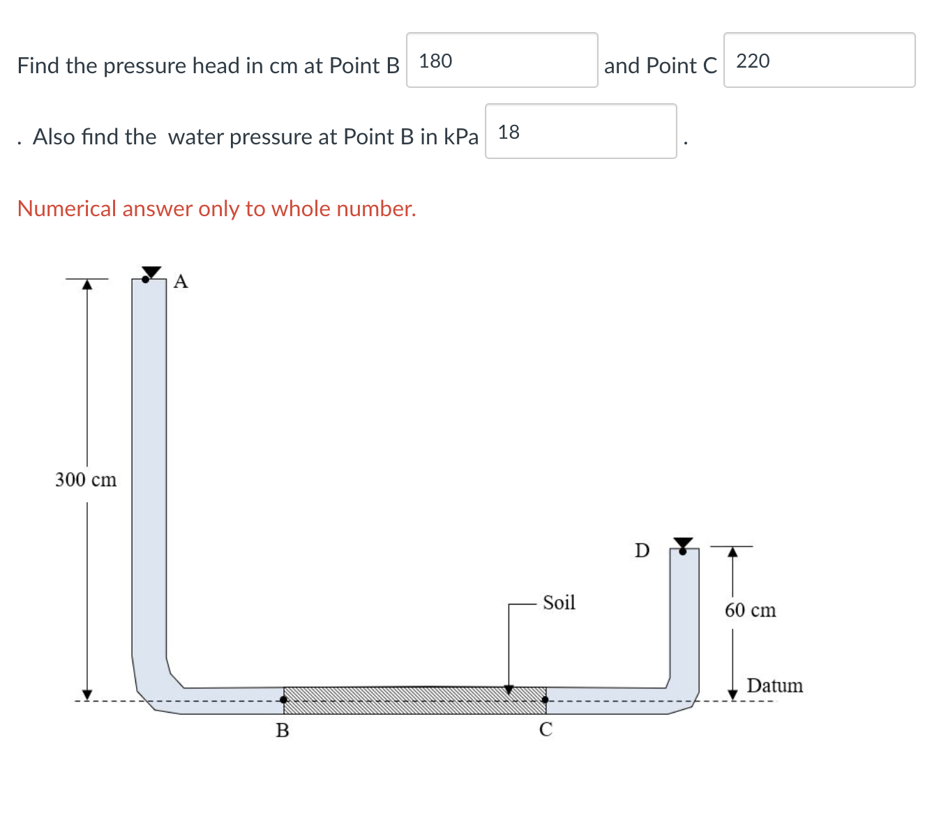 Find the pressure head in cm at Point \ ( B \ )