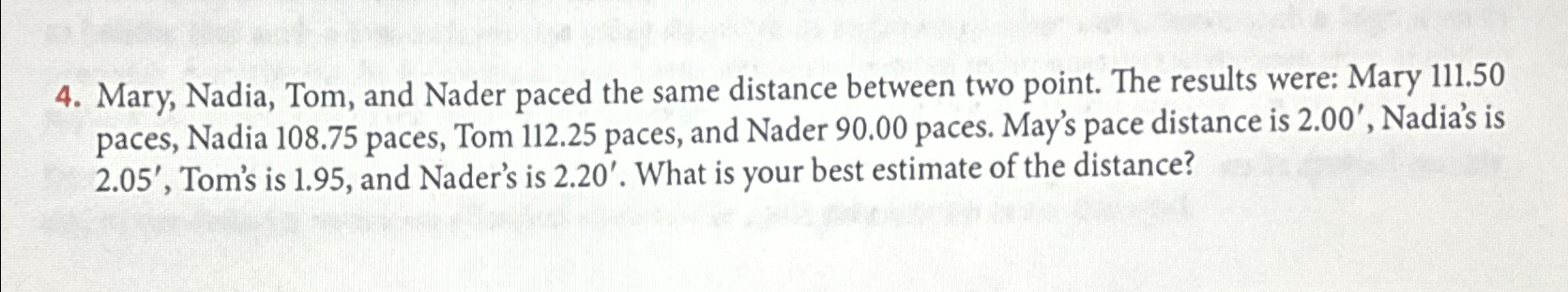 Mary, Nadia, Tom, and Nader paced the same