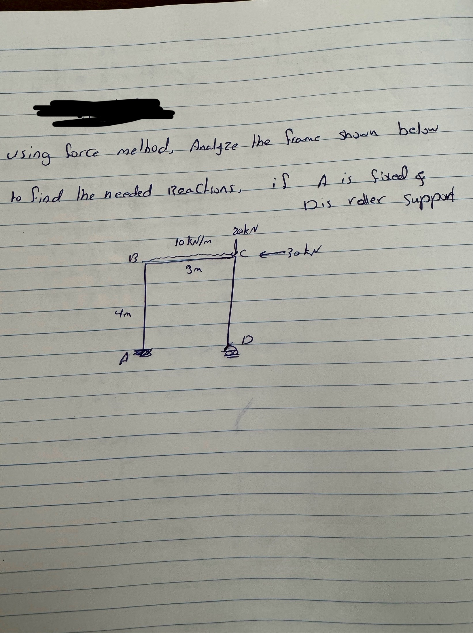 using force method, Analyze the frame shown below