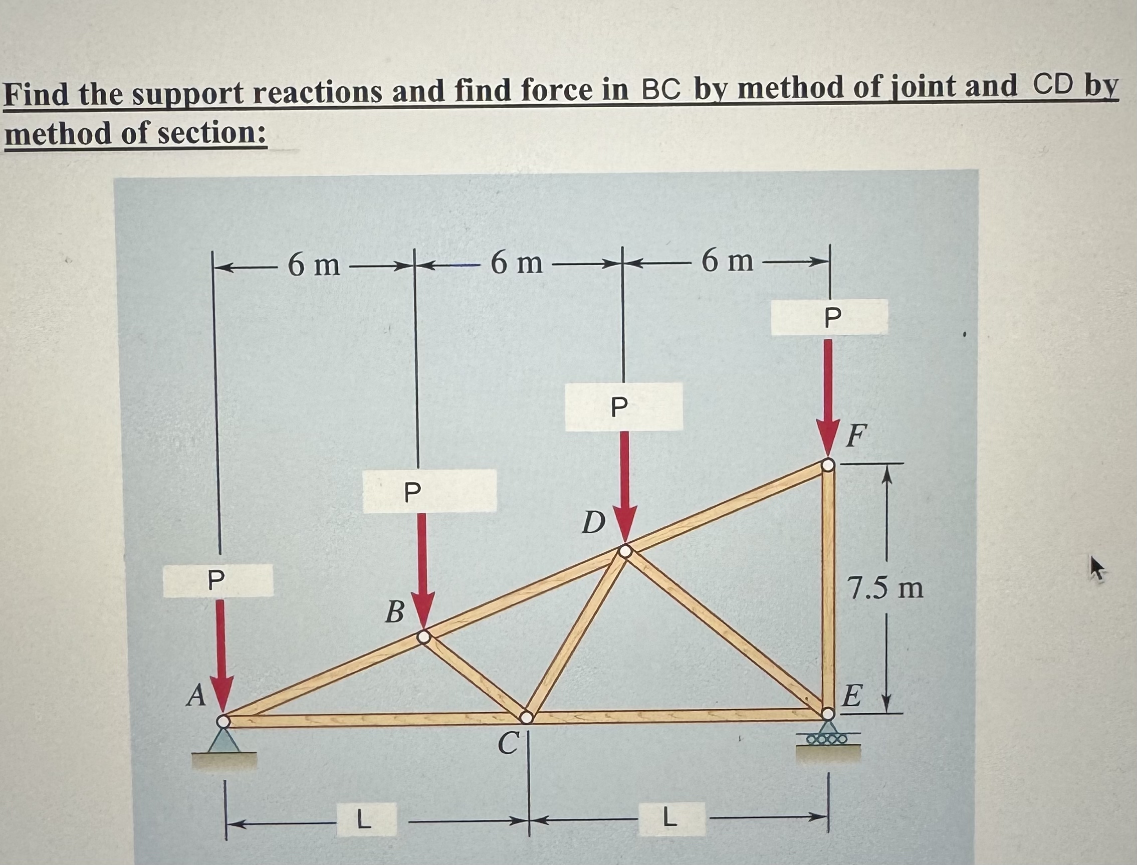 Find the support reactions and find force in B C