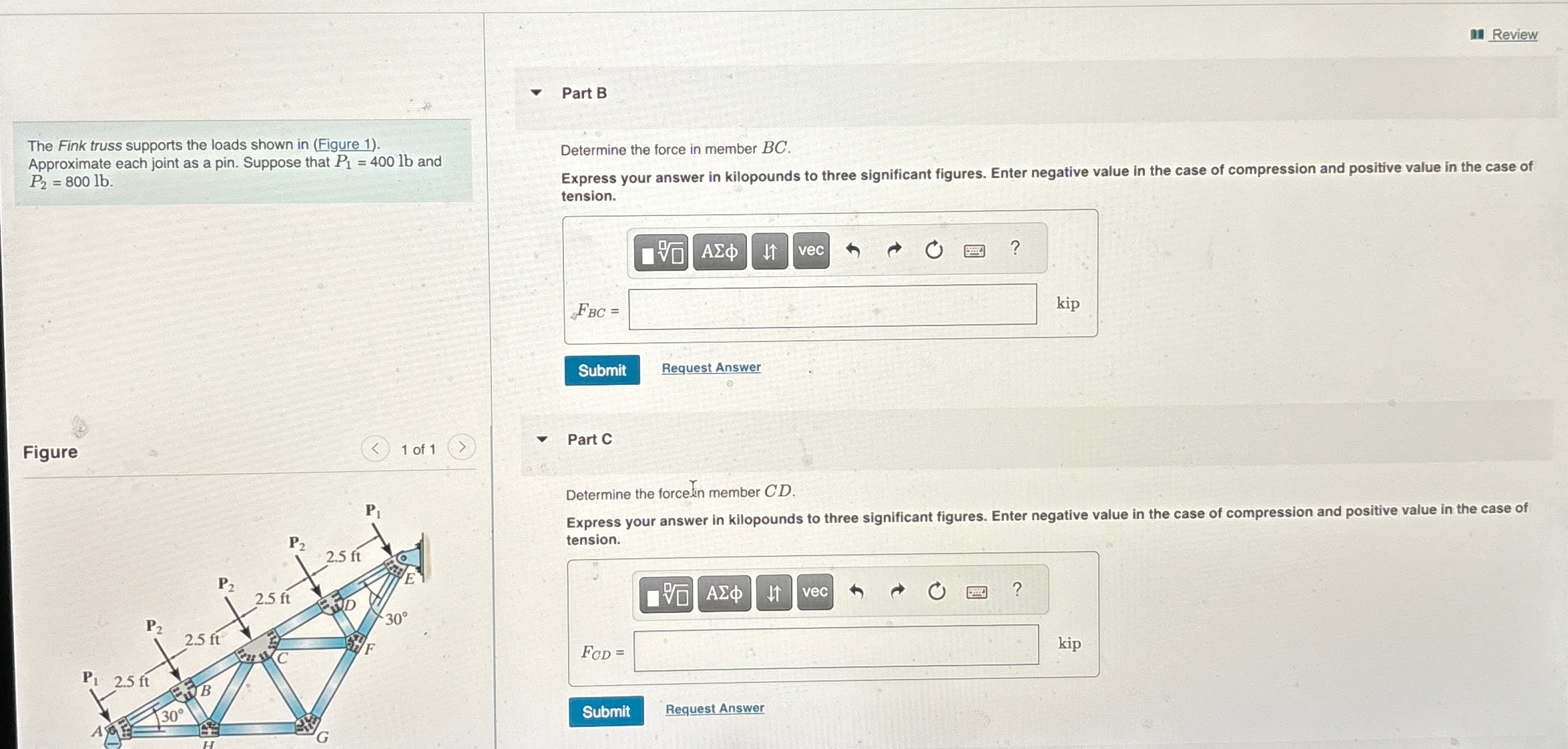 Review Part B The Fink truss supports the loads