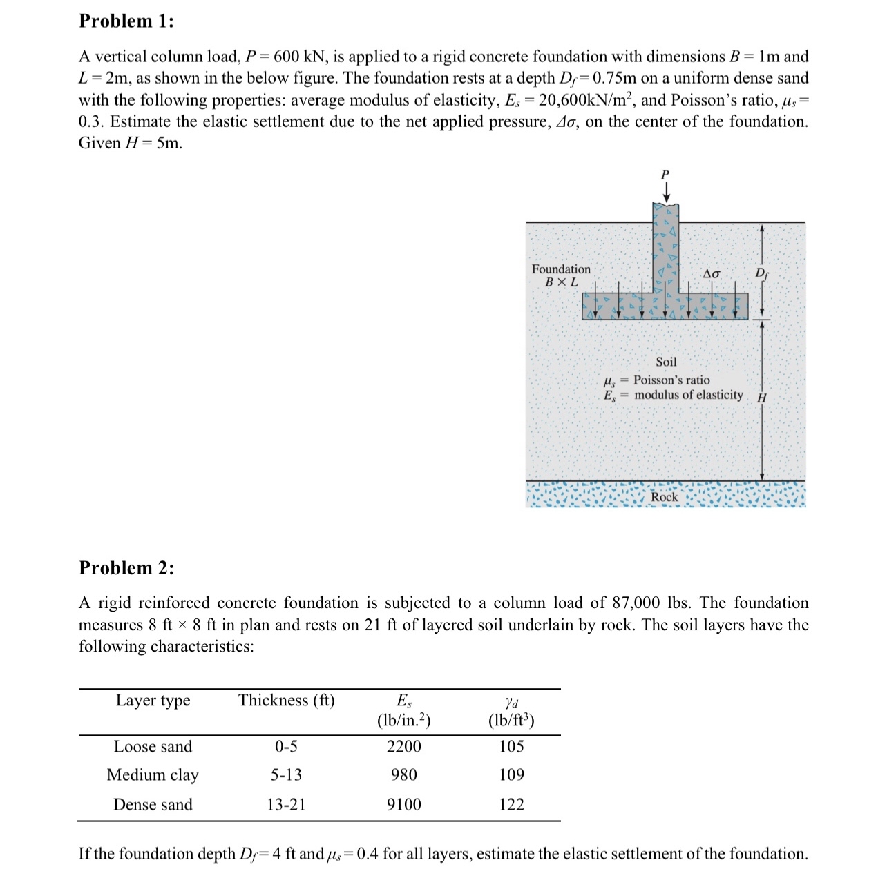 Problem 1 : A vertical column load, P = 6 0 0 k N