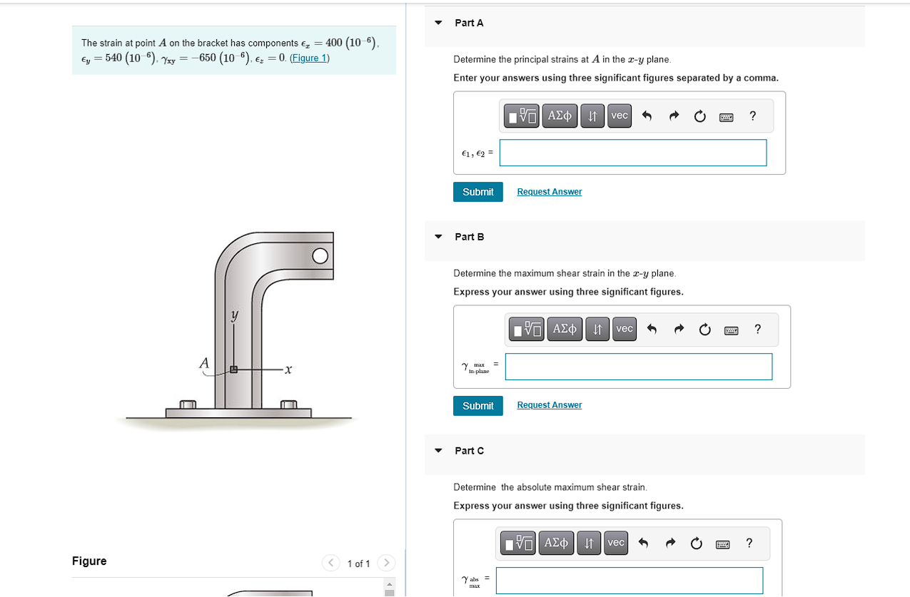 The strain at point A on the bracket has