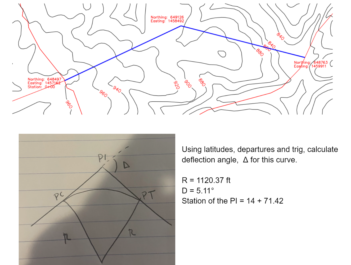 Using latitudes, departures and trig, calculate
