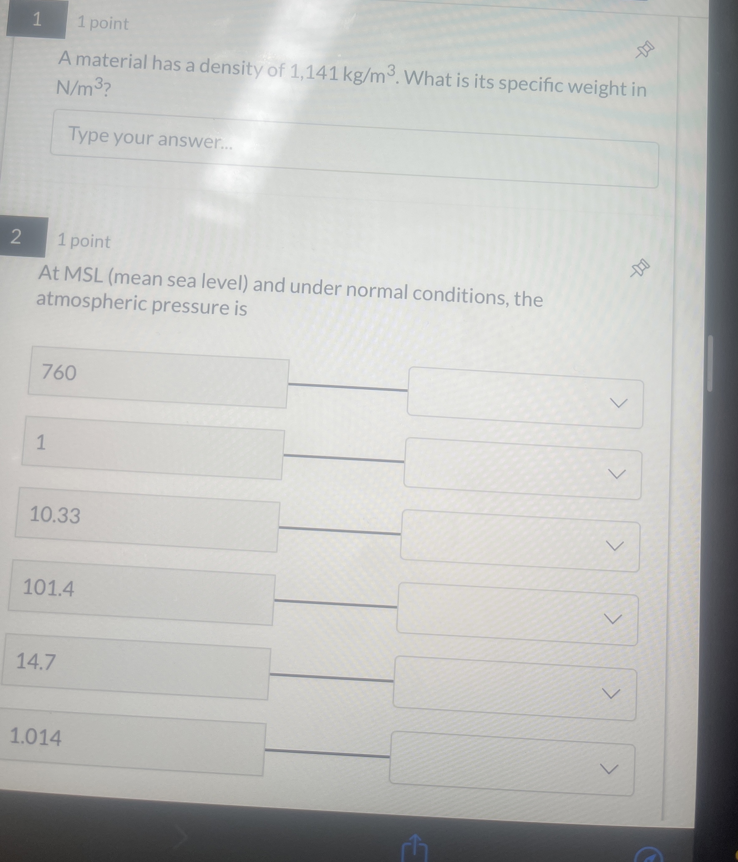 1 point A material has a density of 1 , 1 4 1 k g