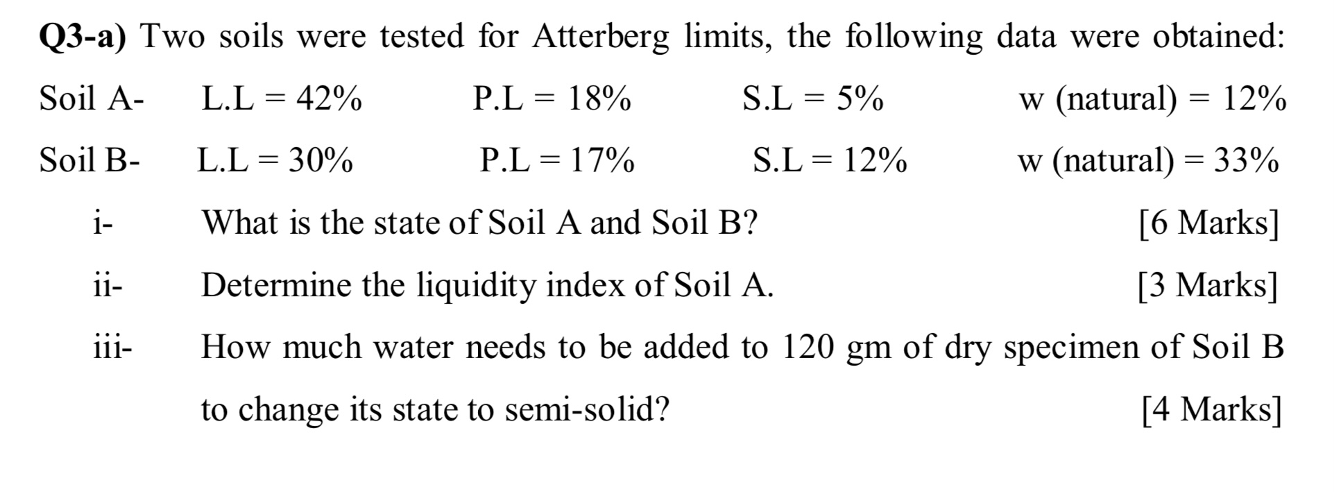 Q 3 - a ) Two soils were tested for Atterberg