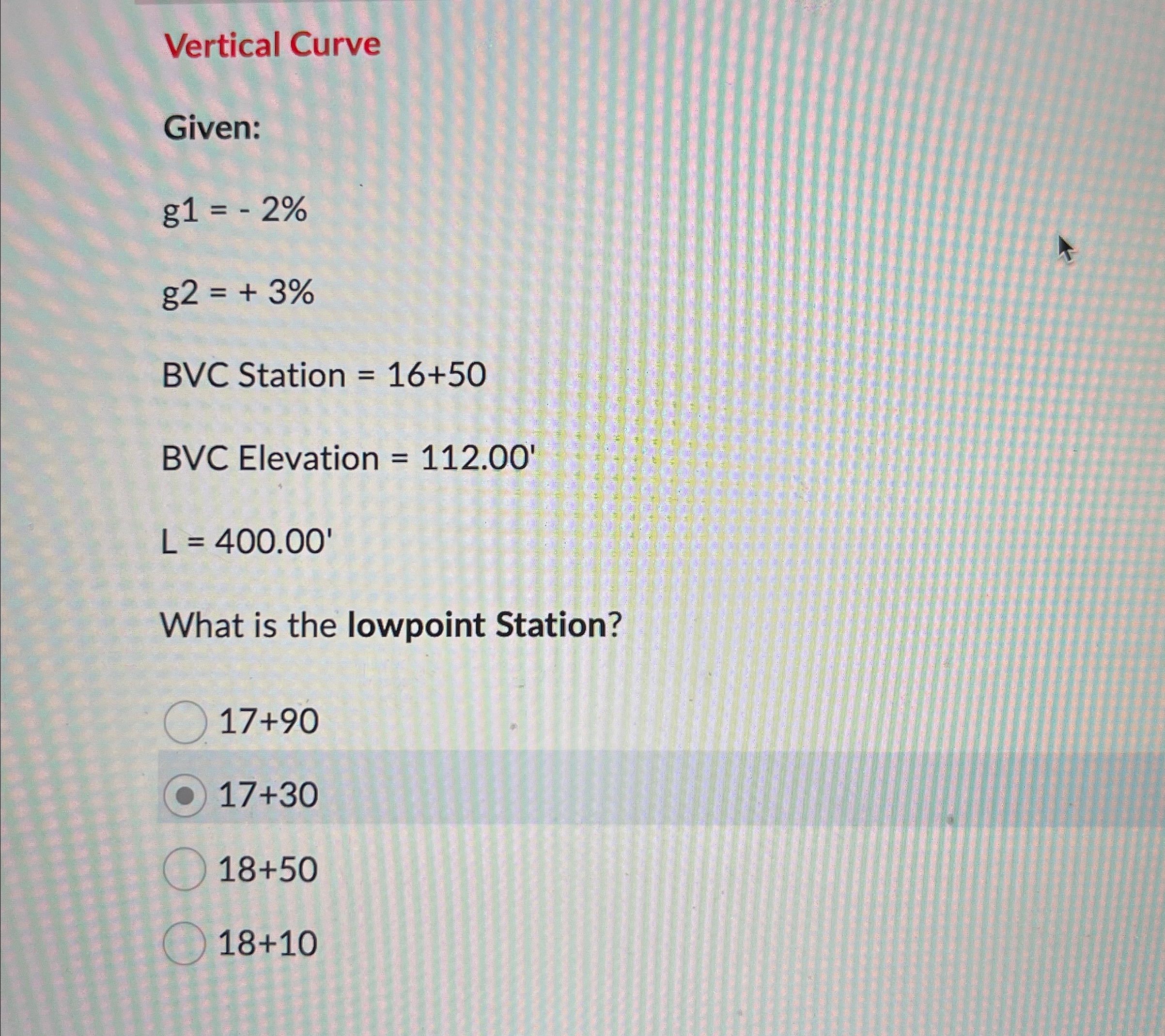 how to solve Vertical Curve Given: g 1 = - 2 % g