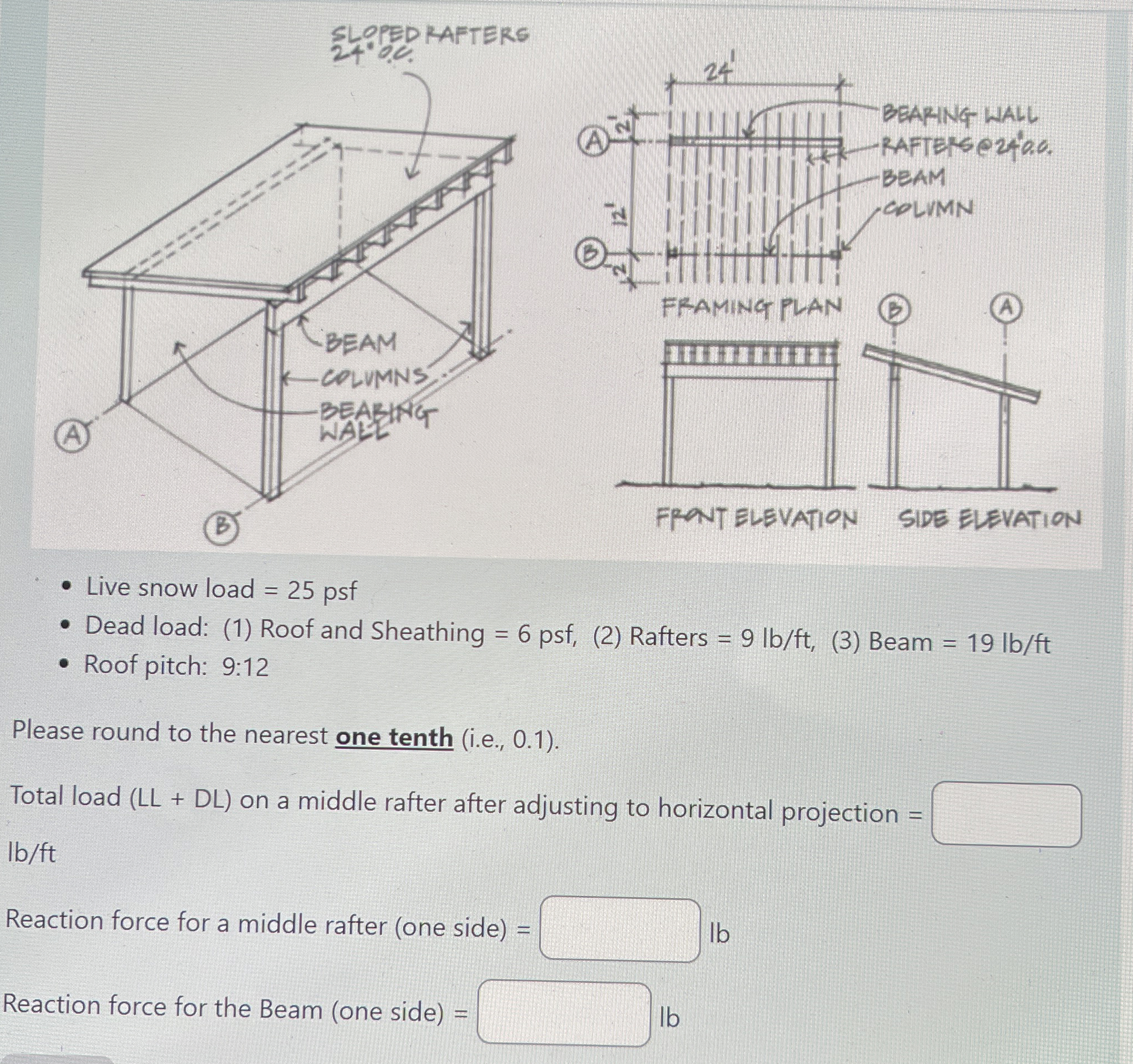 SLOPEDRAFTERG Live snow load = 2 5 psf Dead load: