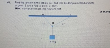 # 1 . Find the tension in the cables A B and B C