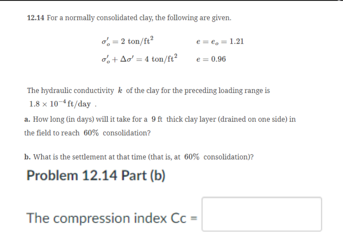 Solve for the compression index Cc for Part b .