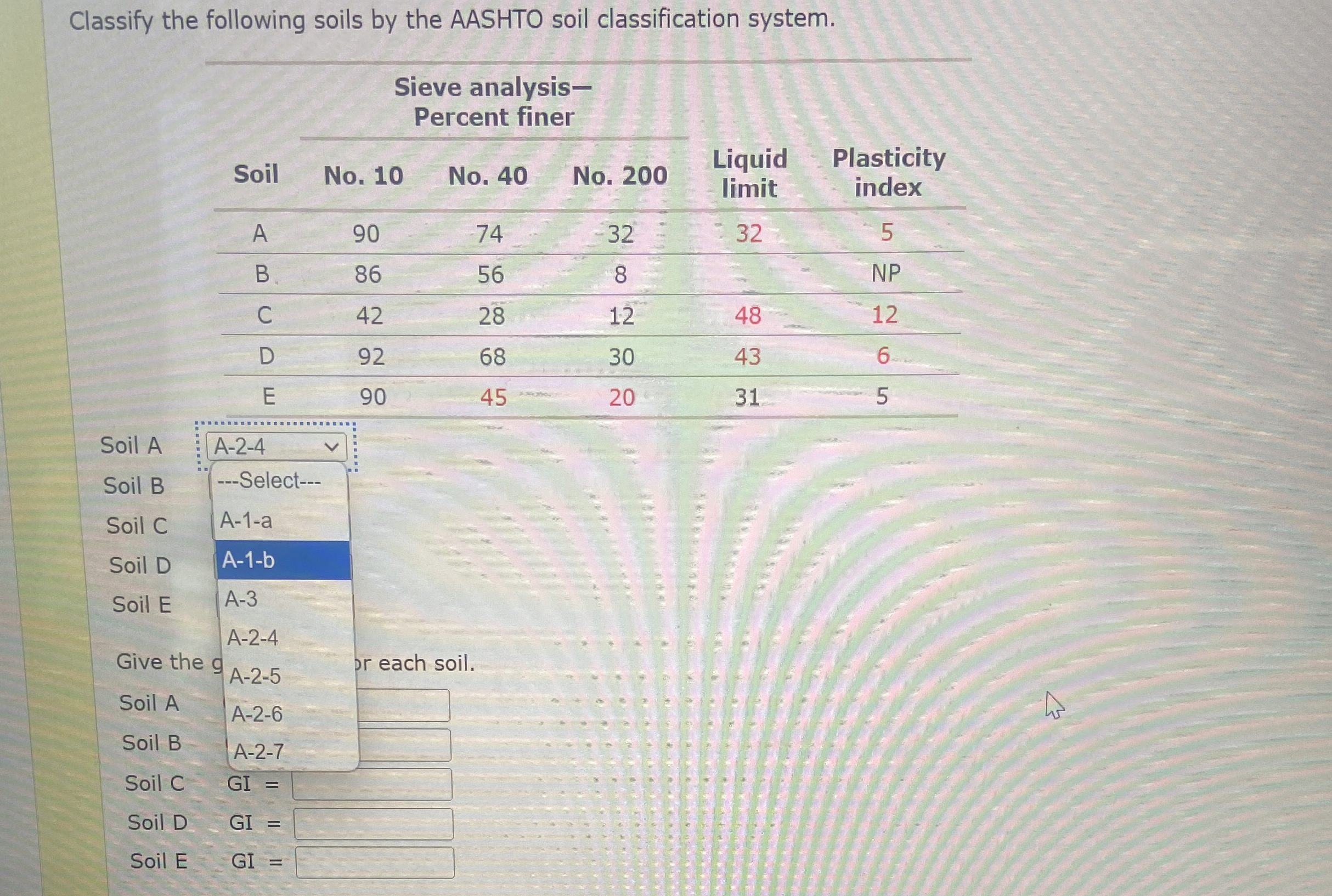 Classify the following soils by the AASHTO soil