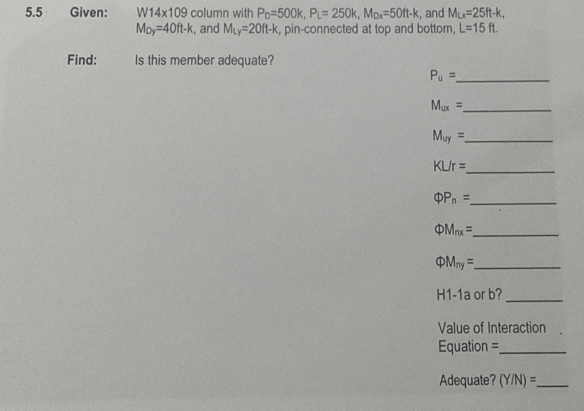 5 . 5 Given: W 1 4 x 1 0 9 column with P D = 5 0