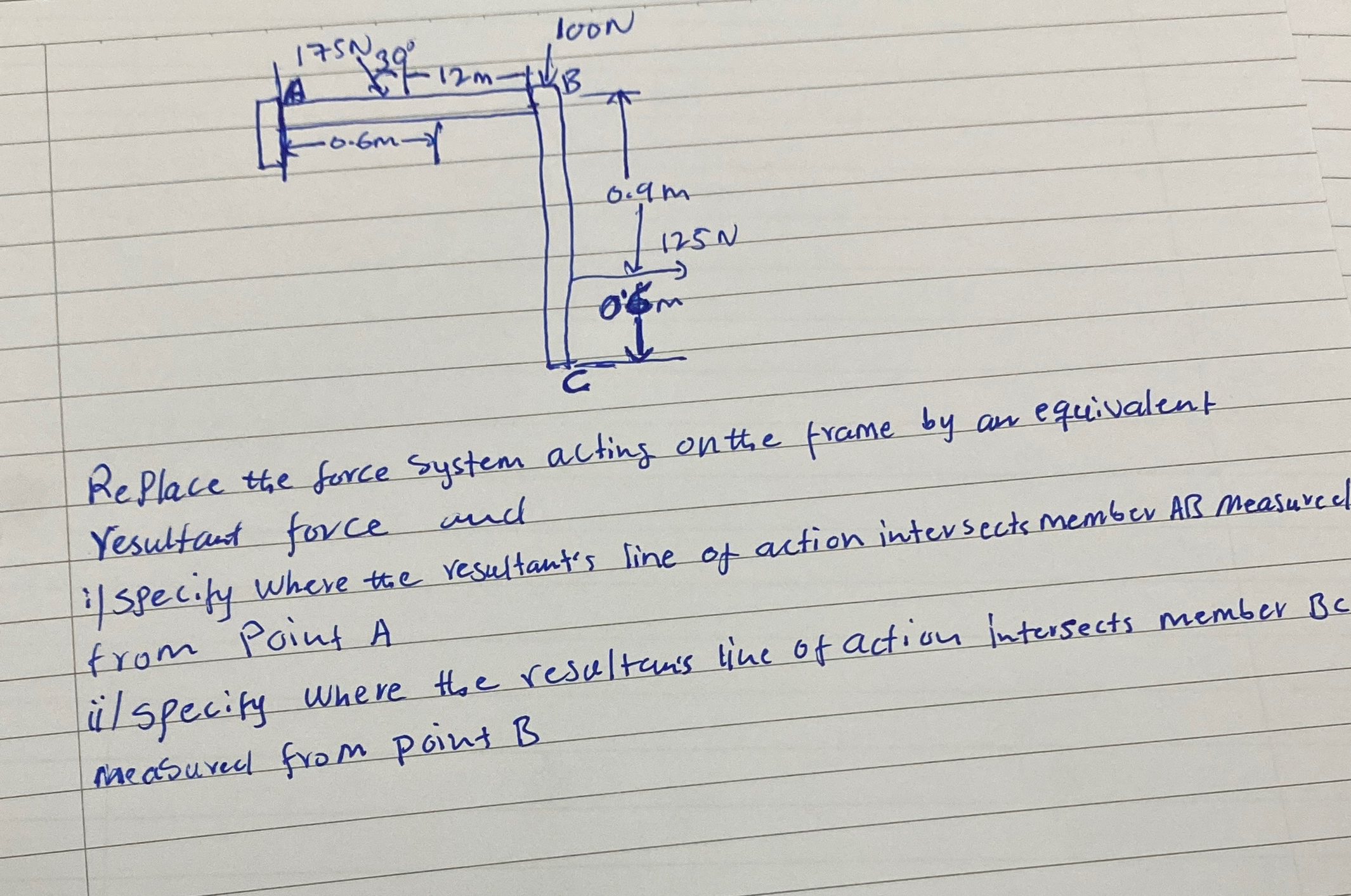 Replace the force system acting on the frame by