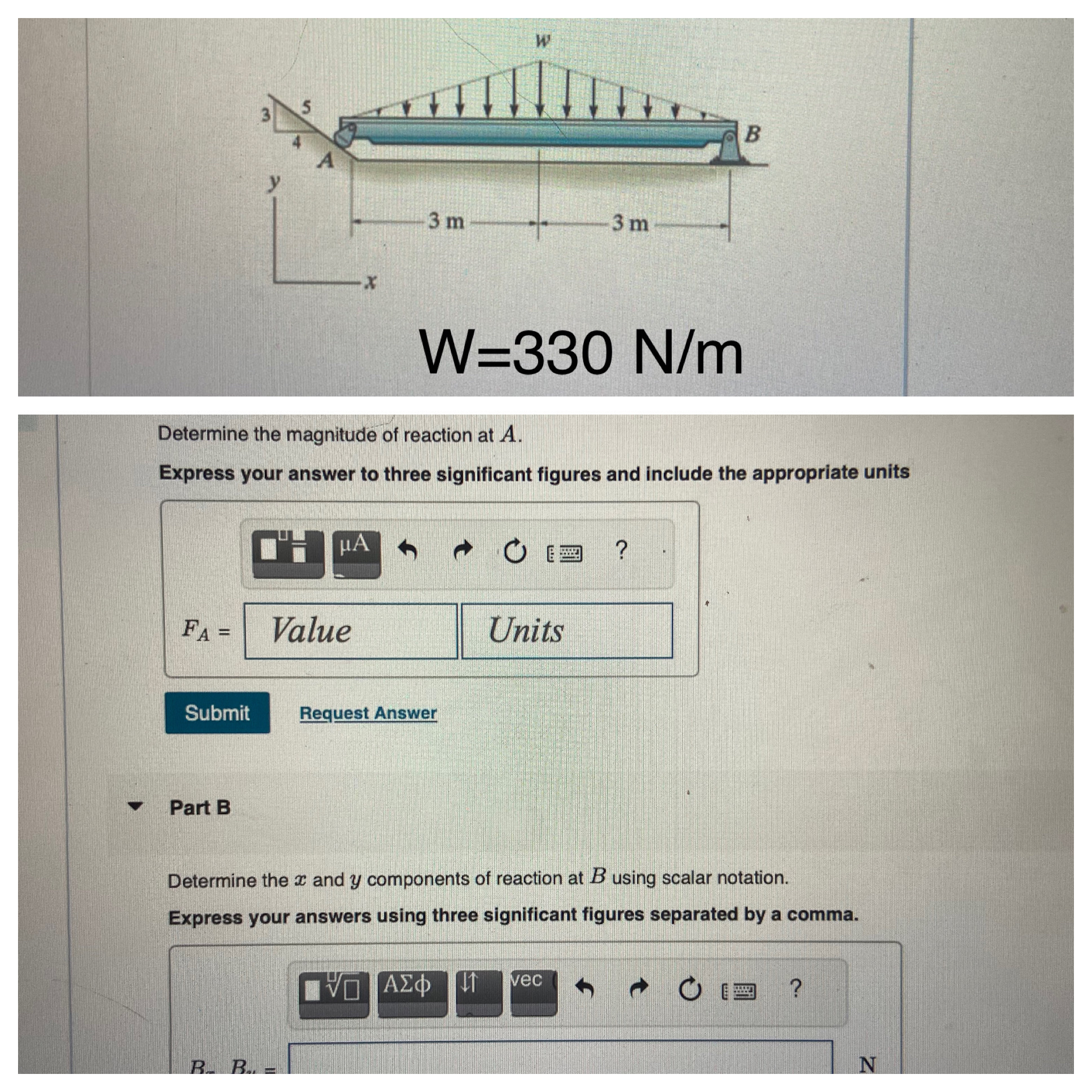 W = 3 3 0 N m Determine the magnitude of reaction