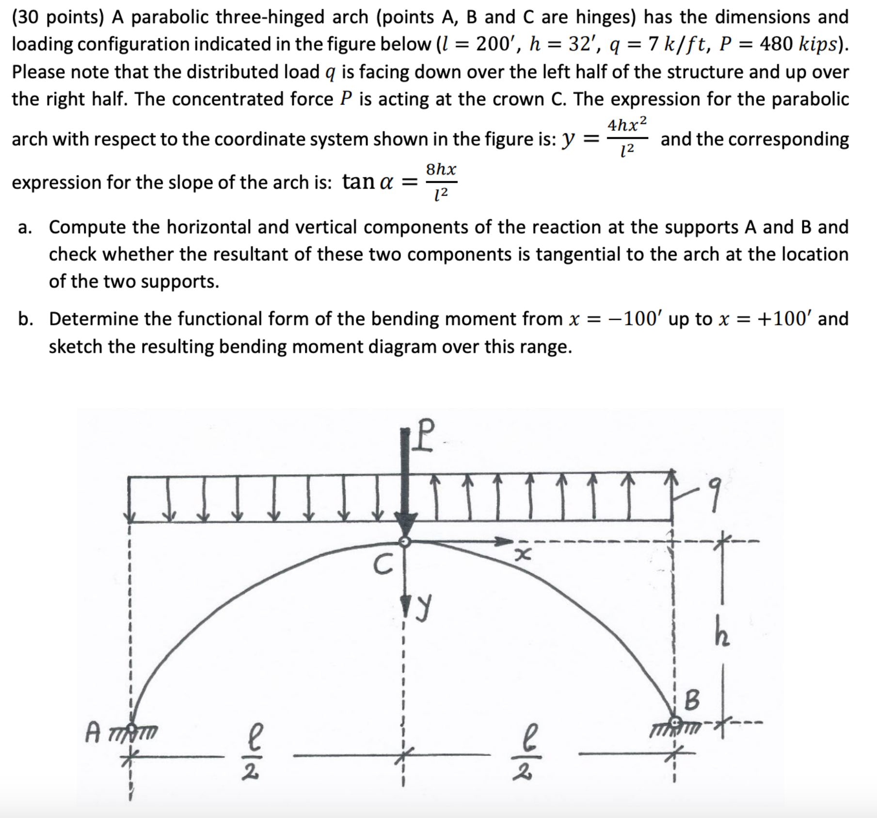 ( 3 0 points ) A parabolic three - hinged arch (