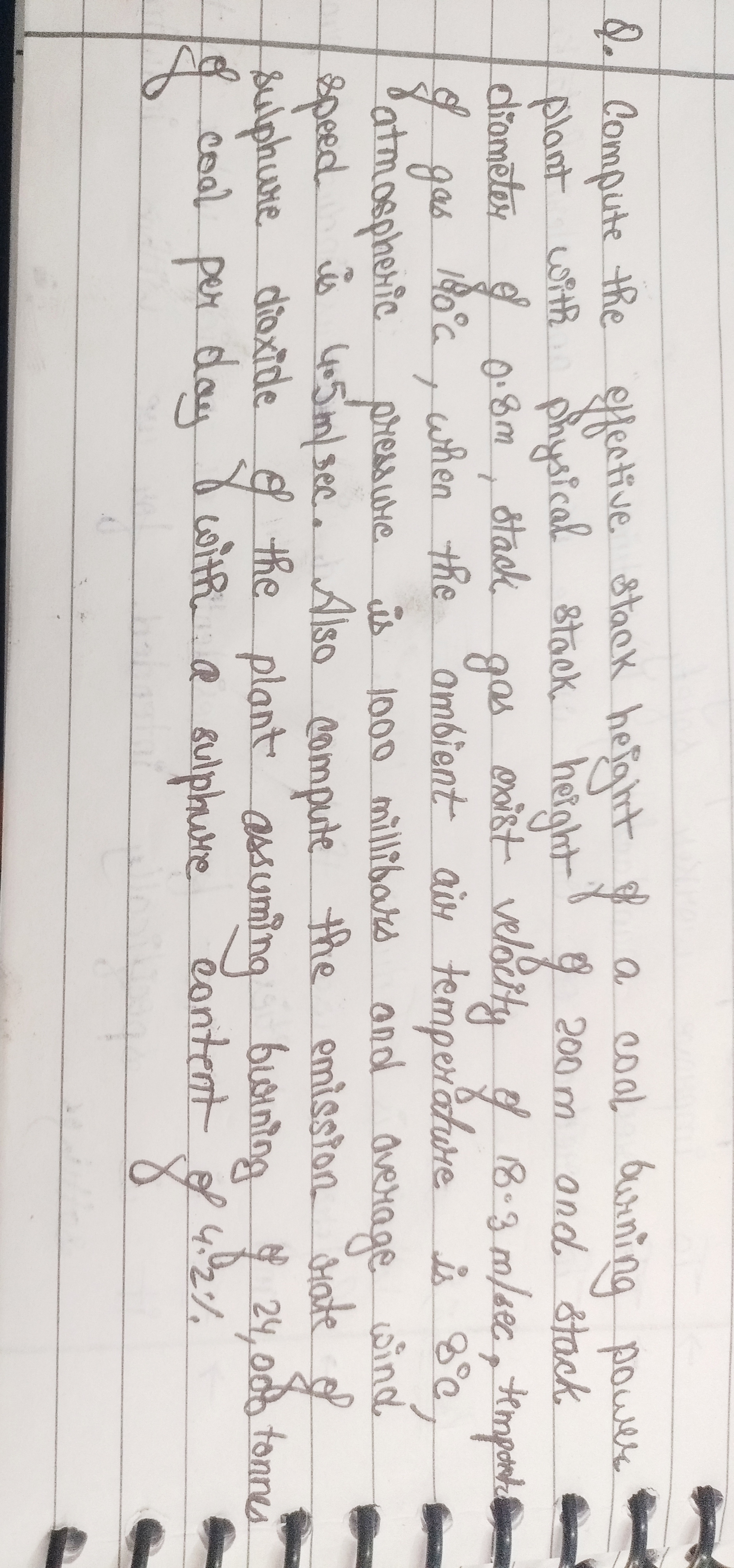 Q . Compute the effective stack height of a coal