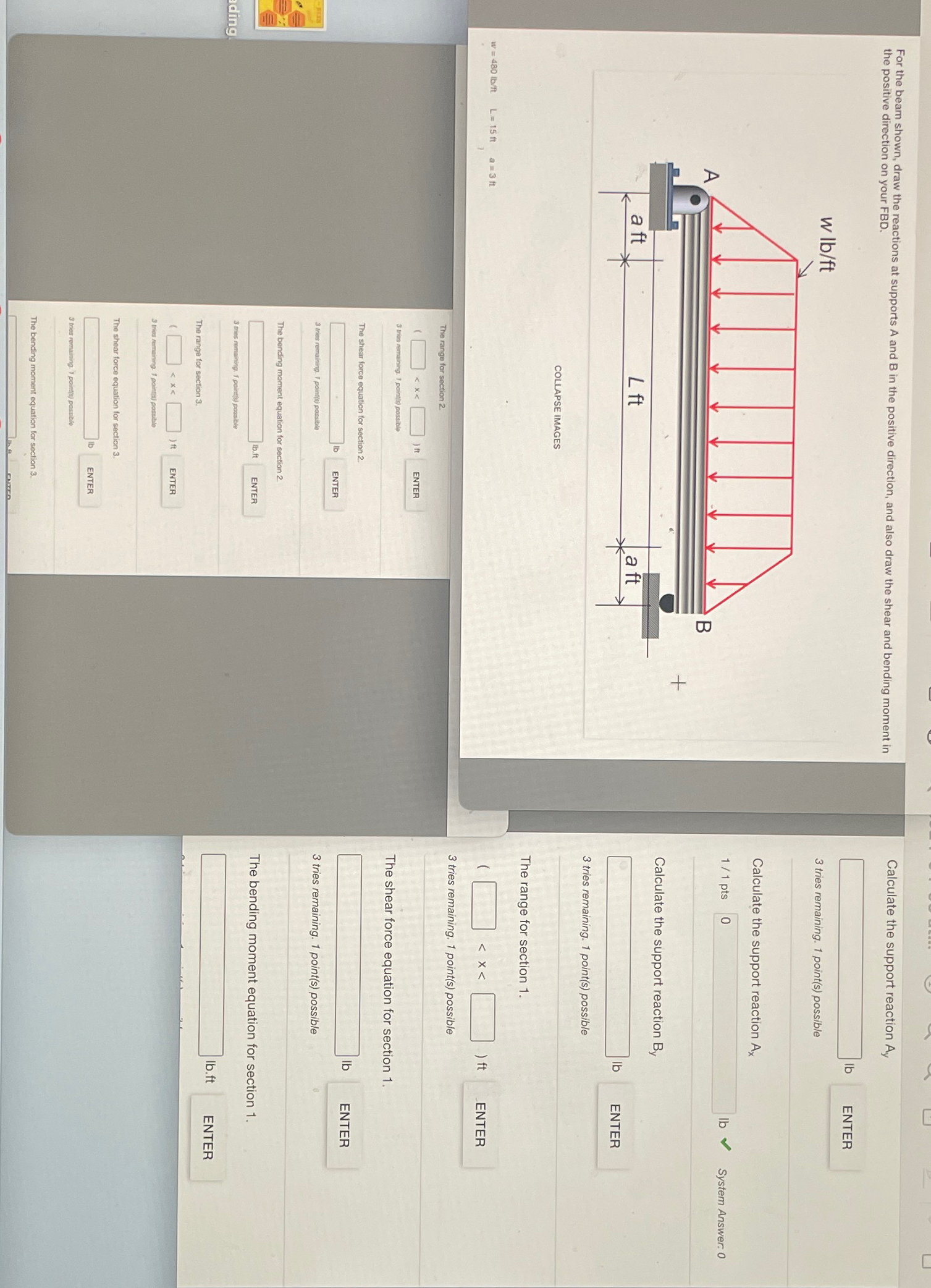 For the beam shown, draw the reactions at