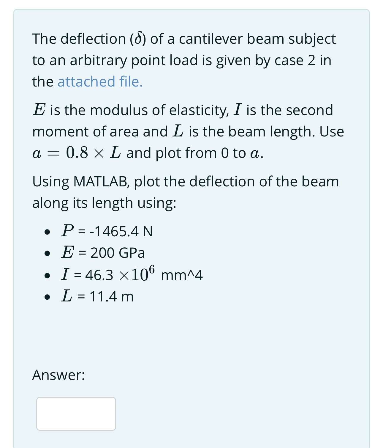 The deflection ( ) of a cantilever beam subject