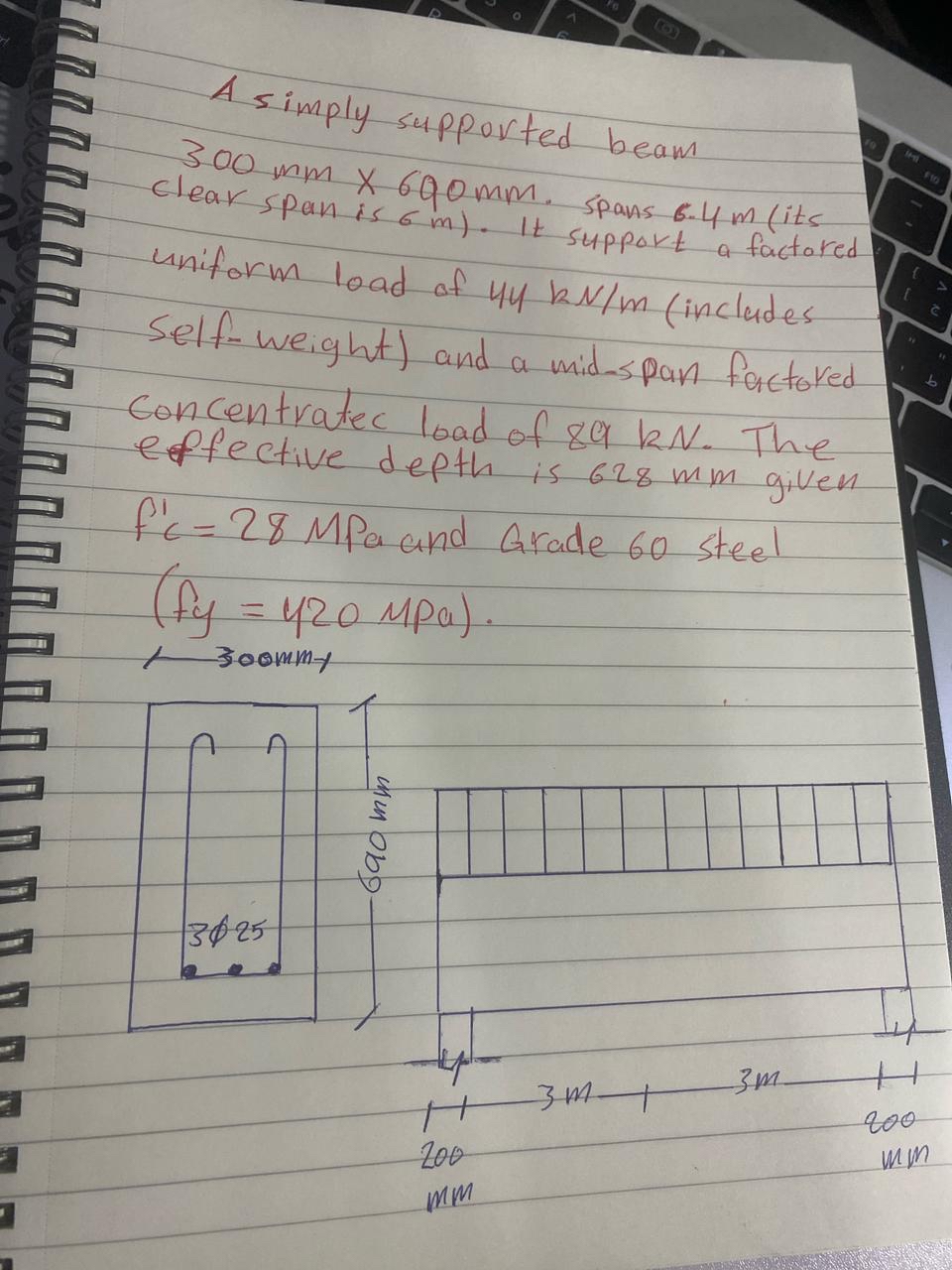 A simply supported beam 3 0 0 m m 6 0 0 m m .