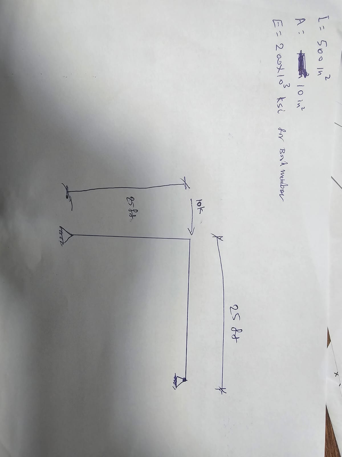 I = 5 0 0 i n 2 A = 1 0 i n 2 E = 2 0 0 1 0 3 ksi