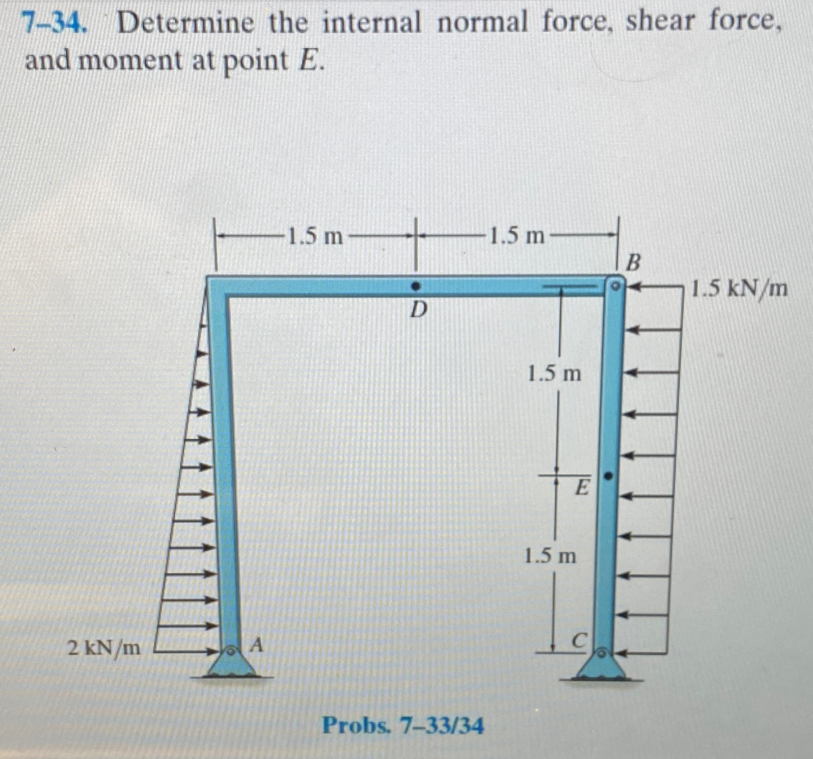 7 - 3 4 . Determine the internal normal force,