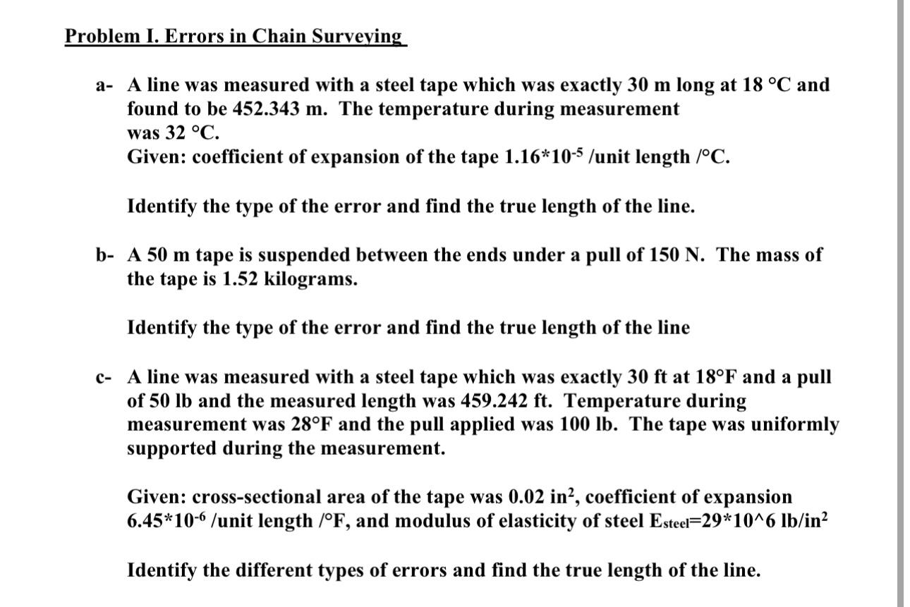 Problem I. Errors in Chain Surveying a - A line