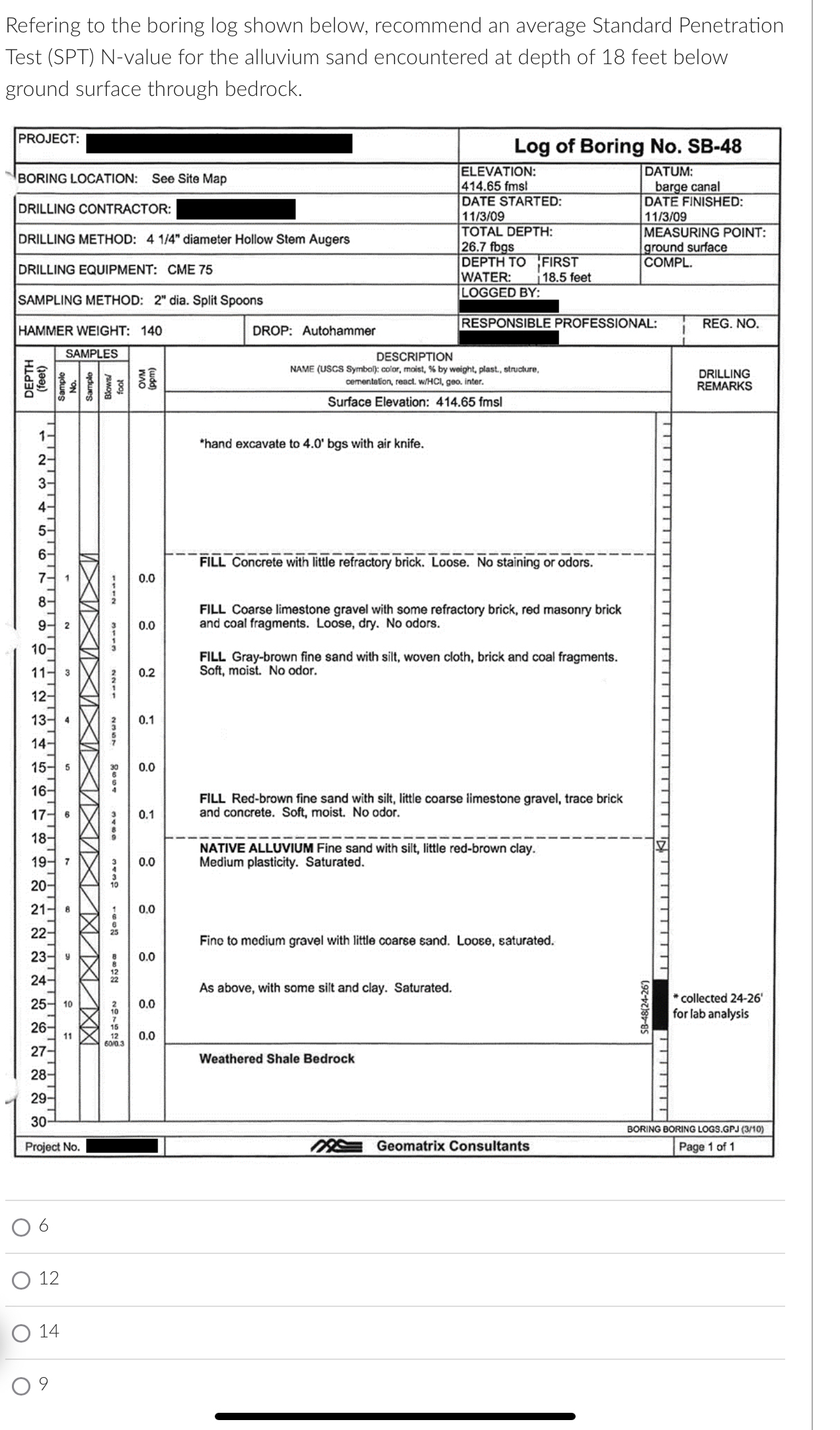 Refering to the boring log shown below, recommend