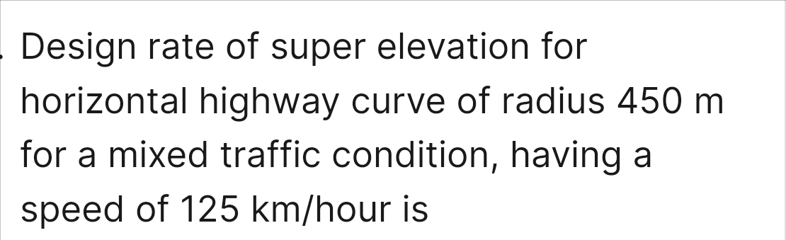Design rate of super elevation for horizontal