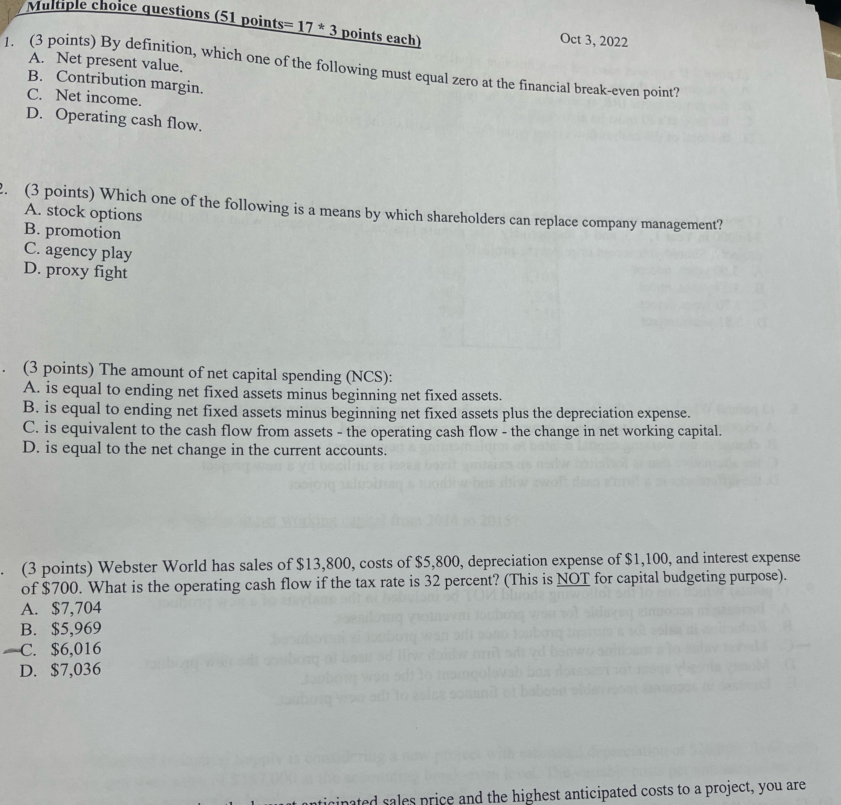 Multiple choice questions (51 points= 17 * 3