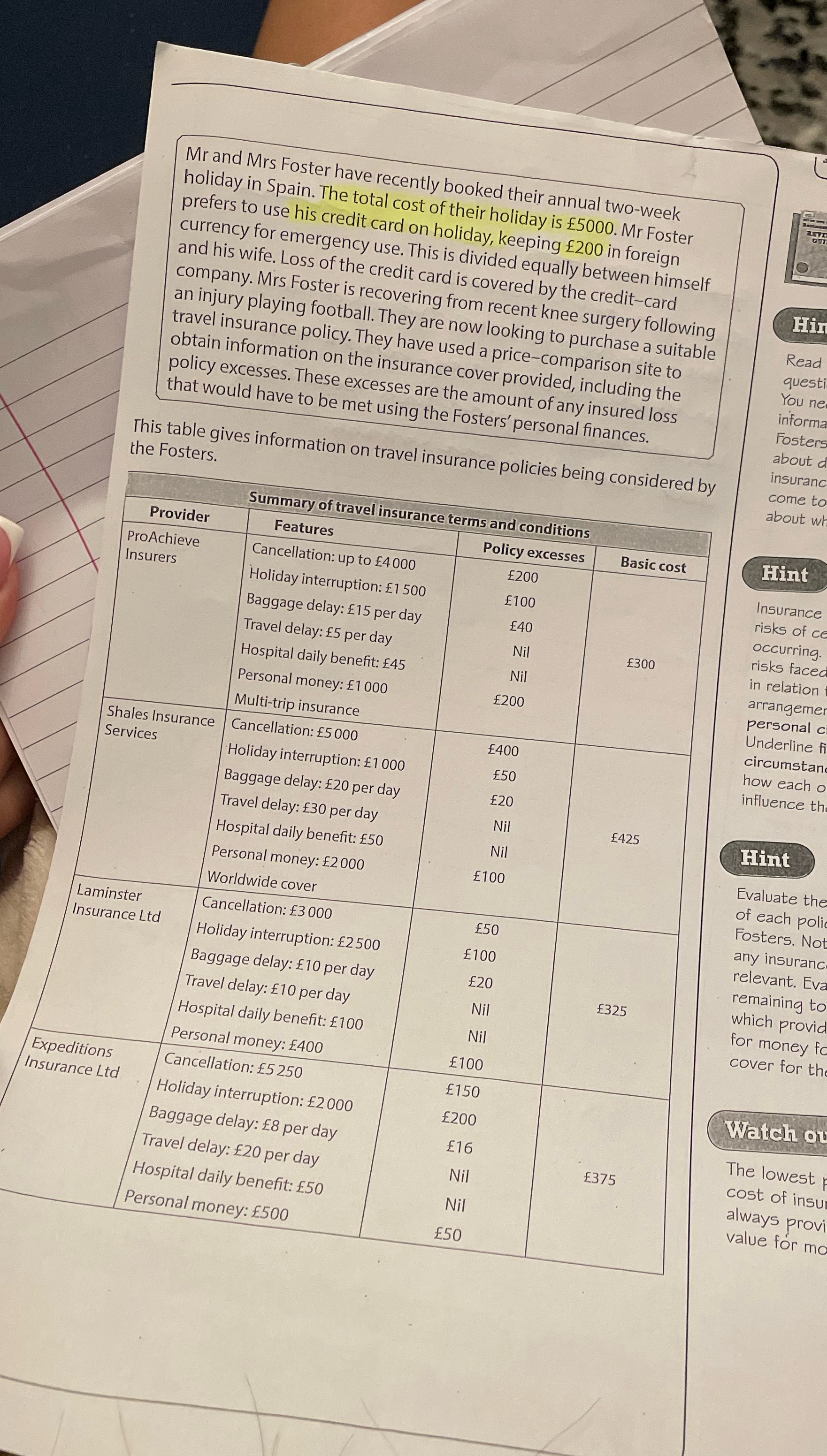 Evaluate which travel insurance would be most