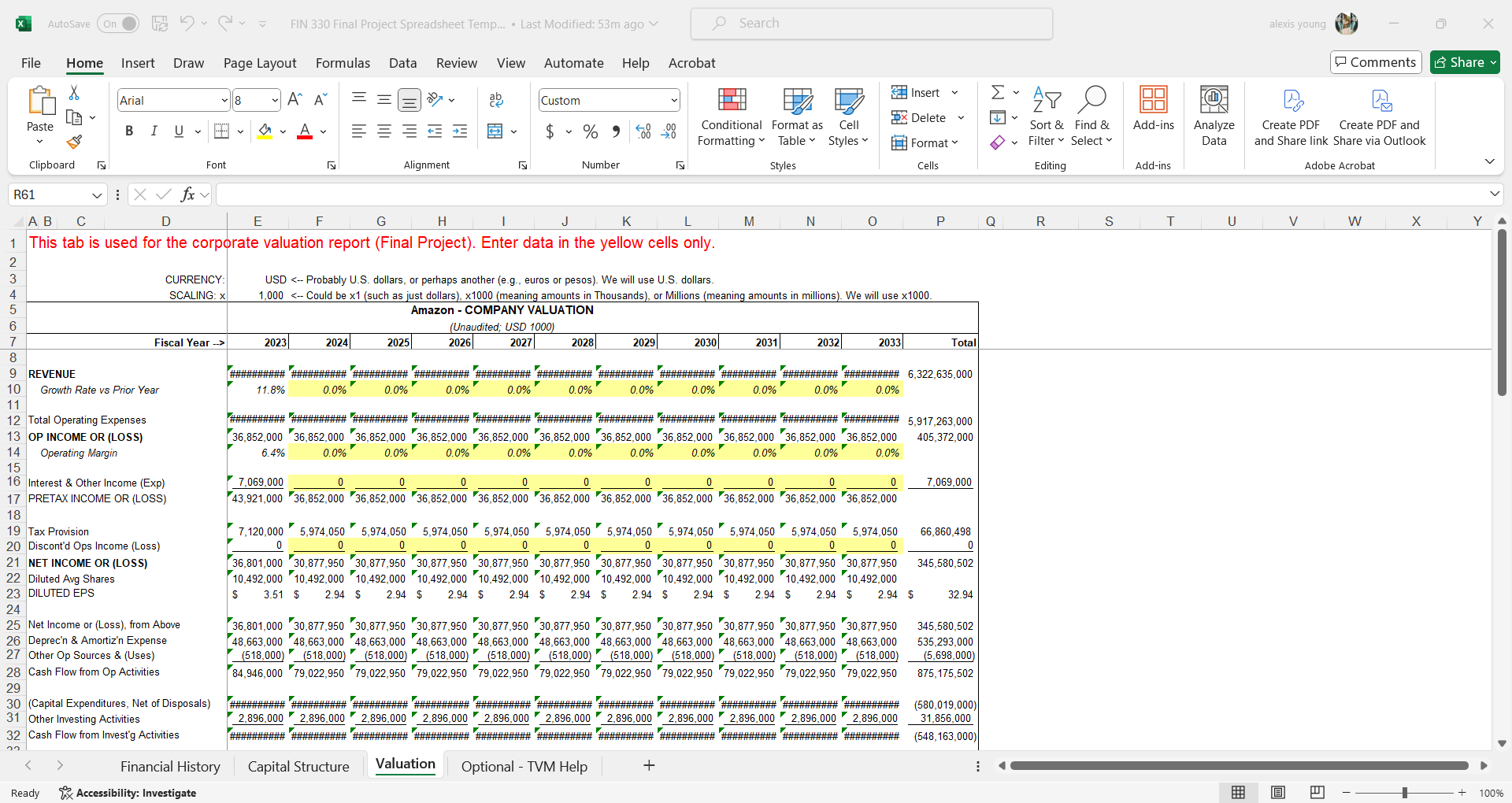 X AutoSave On FIN 330 Final Project Spreadsheet