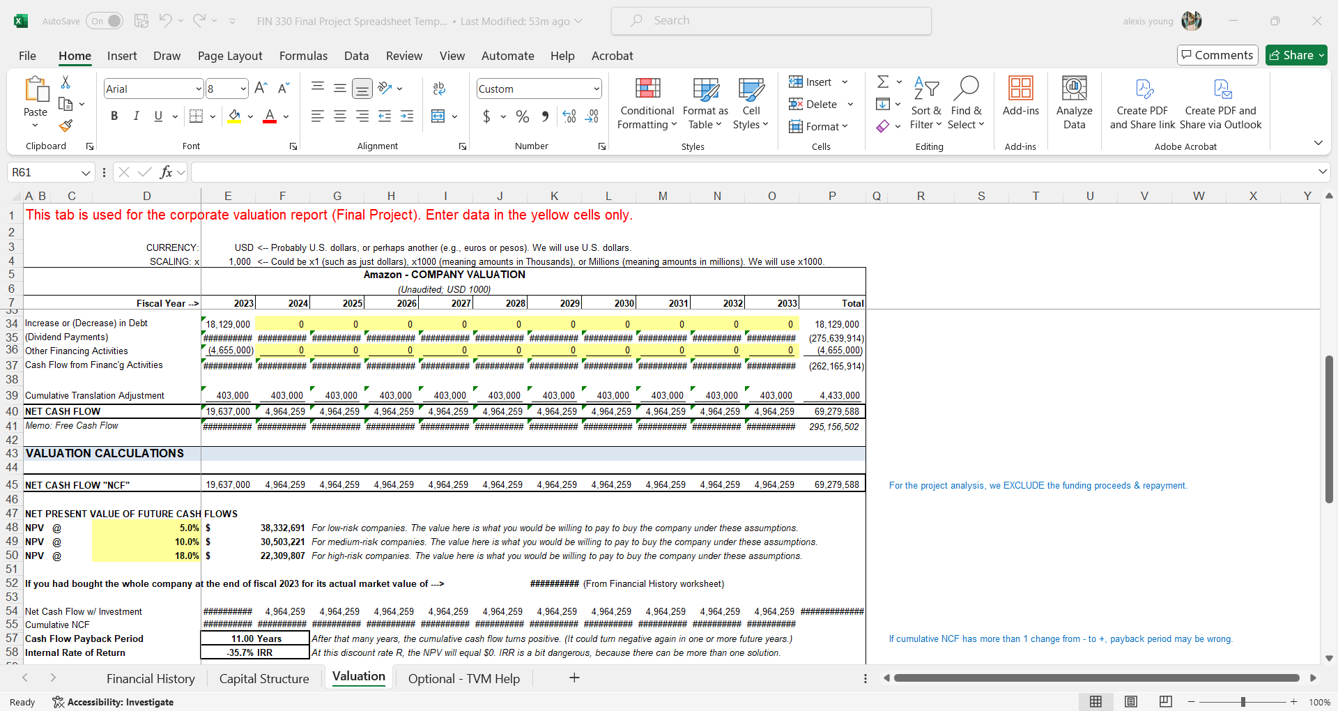 X AutoSave On FIN 330 Final Project Spreadsheet