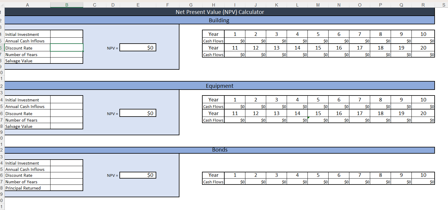 A B C D E F G H K L M N O P Q R S Net Present