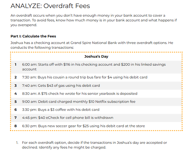 ANALYZE: Overdraft Fees An overdraft occurs when