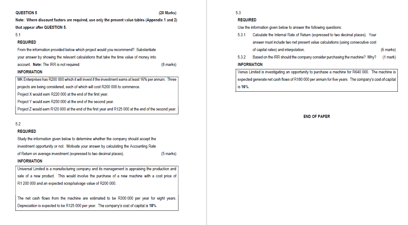 QUESTION 5 (20 Marks) 5.3 Note: Where discount