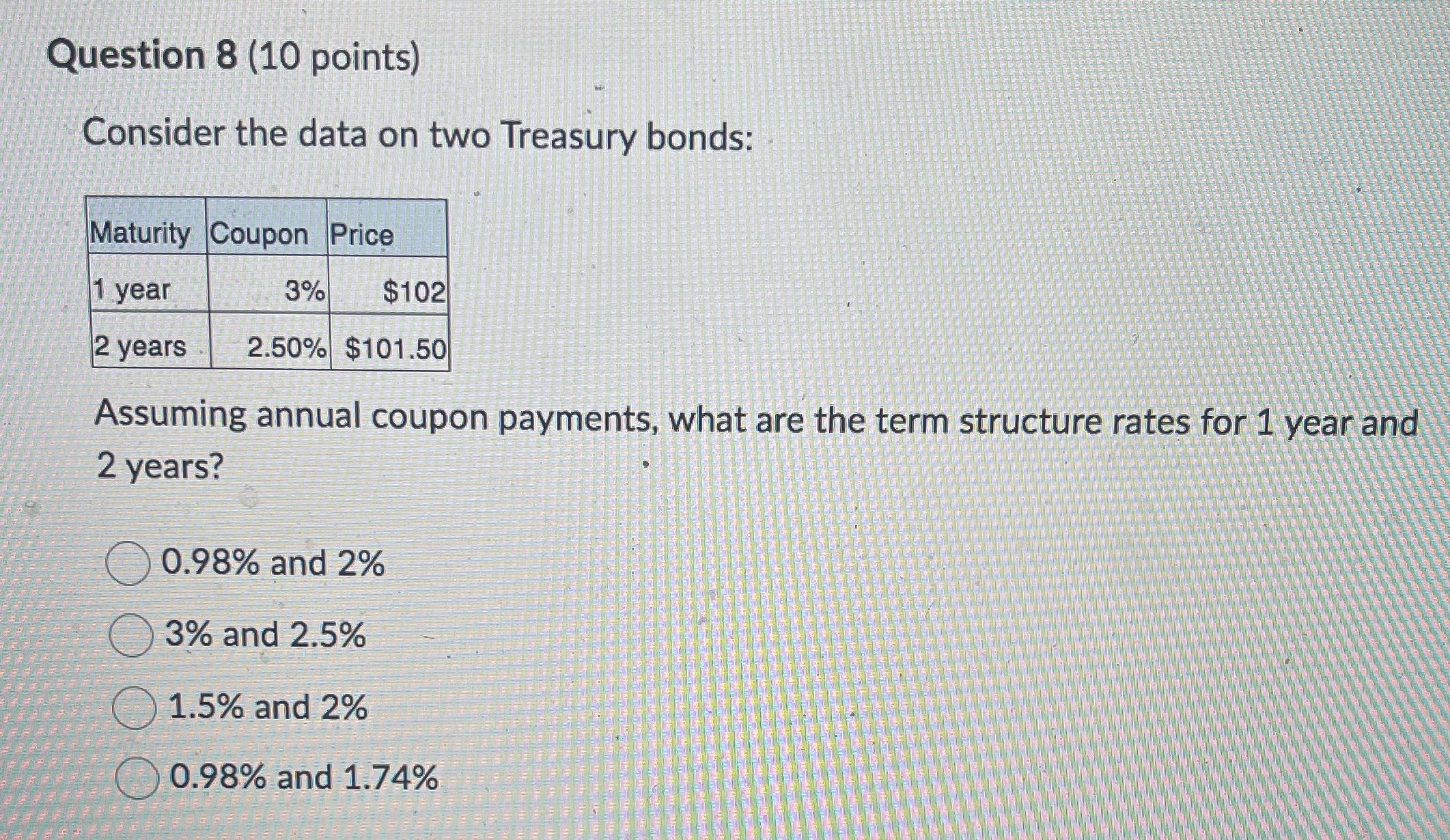 Question 8 (10 points) Consider the data on two