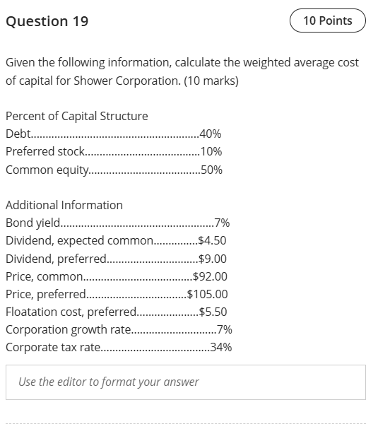 Question 19 10 Points Given the following