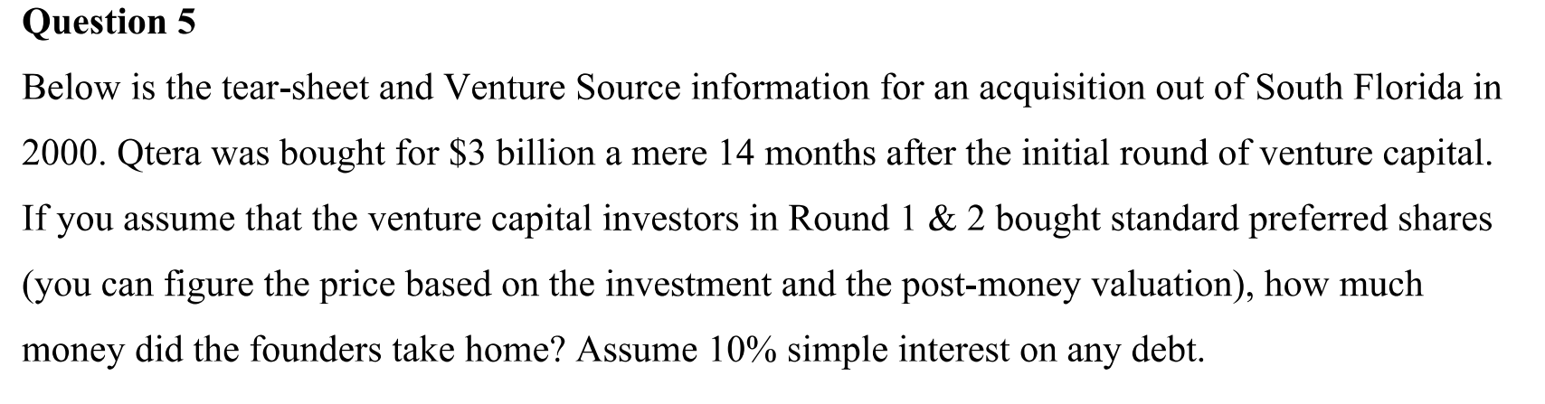 Question 5 Below is the tear-sheet and Venture